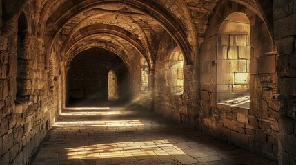 Fototapeta premium Medieval Vaulted Stone Corridor Illuminated by Sunbeams