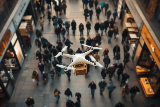 Smart package Drone Delivery drone delivery efficiency. Box shipping telescopic box parcel v2p transportation. Logistic tech parcel delivery airspace mobility smart economic development