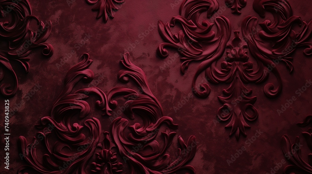 Poster an image showcasing a rich, dark velvet texture with an embossed classical pattern, offering depth a