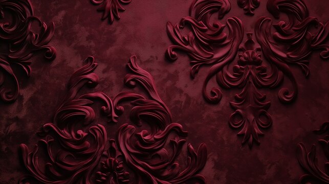 An image showcasing a rich, dark velvet texture with an embossed classical pattern, offering depth and luxury for sophisticated wallpaper designs. 8k