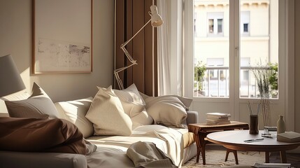 Simple apartment interior design , well lighted and furnished, aesthetic