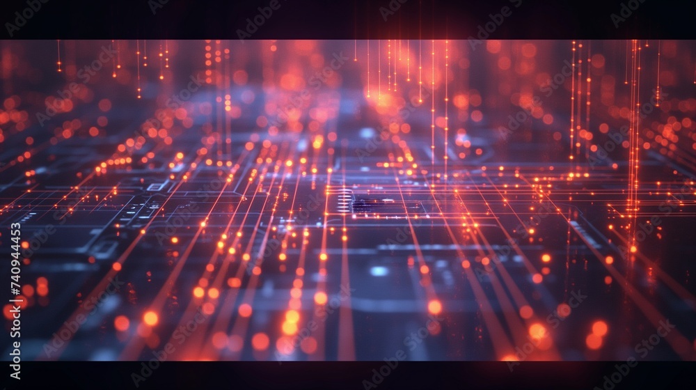 Poster a 3d abstract visualization of a digital core, with layers of circuits and light beams radiating out