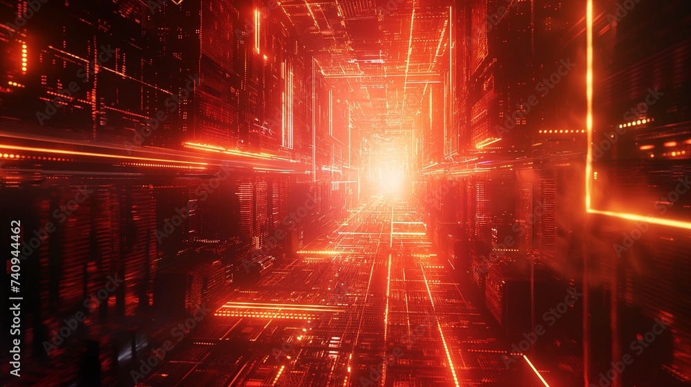 Poster an abstract three-dimensional representation of a digital core, with light beams and layers of circu