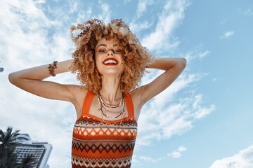 Beach Samba: Happy Smiling Woman Dancing with an Open Mouth, Embracing Freedom and Nature