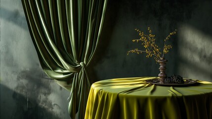 A luxurious table top made of velvet in a vibrant chartreuse color that makes a statement with its rich texture and vibrant hue. 