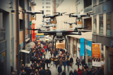 Fototapeta premium Smart package Drone Delivery disruptive mobility. Box shipping appliance box parcel real time freight tracking transportation. Logistic tech digital healthcare mobility freight delivery