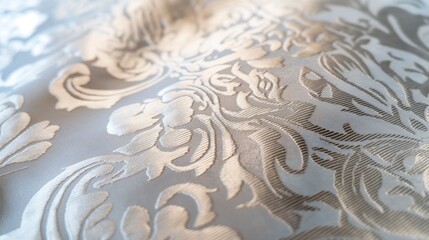 A close-up of a damask tablecloth in silver and white, highlighting the contrast between the matte and sheen textures within the intricate patterns. 8k