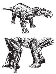 Graphical dinosaur and legs of elephant on white background. Vector illustration