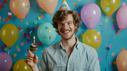 A man in a party hat smiling with joy holds balloons and a cupcake with a candle amidst a shower of confetti, embodying a festive and celebratory moment.