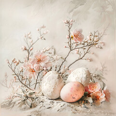 Easter concept, Jewish Passover spring holiday  celebration, delicate  flowers and easter eggs on on a pastel beige peach fabric  background with