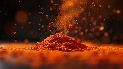 A striking scene depicting the dusting of paprika powder from above, as the cloud of spice softly descends onto a mirror-like metal surface.  - obrazy, fototapety, plakaty