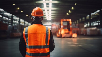 Portrait of warehouse worker by forklift, checking stock in warehouse, copy space