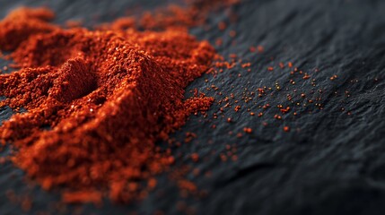 A close-up showing the fine texture and color contrast of bright red paprika powder sprinkled over a black slate. 
