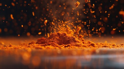 A dynamic scene capturing the sprinkle of paprika powder from above, with the spice cloud gently settling on a reflective metal surface. 8k