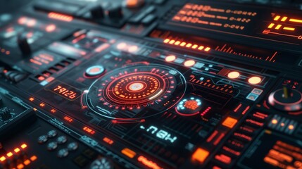 Obraz premium A futuristic control panel with abstract digital elements, suggesting the interface of a spacecraft or advanced technological device. 8k