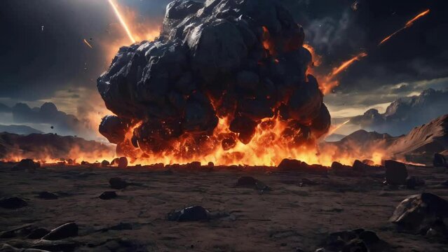A giant meteorite crashed violently onto the ground. Until it exploded and there were sparks of fire.