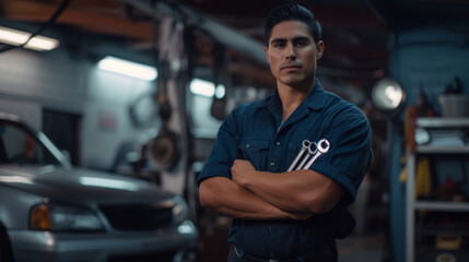 Fototapeta na wymiar confident male mechanic in a workshop, wearing a dark blue uniform and a baseball cap, with a wrench in hand, standing in front of a car and mechanical equipment