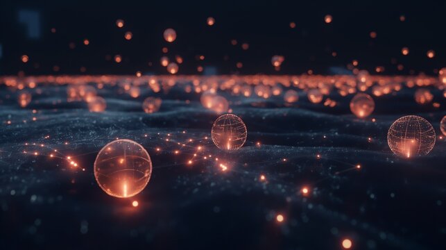 A futuristic network diagram made of 3D spheres and connecting lines, glowing against a dark background, highlighting the concept of global communications, with designated copy space. 8k
