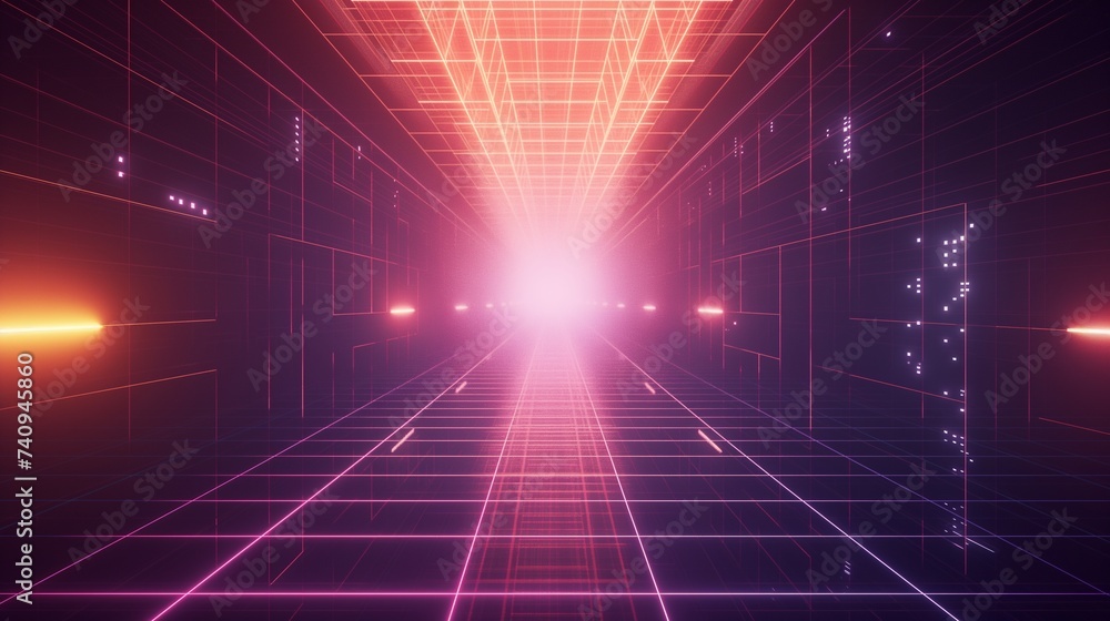 Poster a geometric pattern of glowing grids and shapes expanding towards the horizon, depicting concepts of