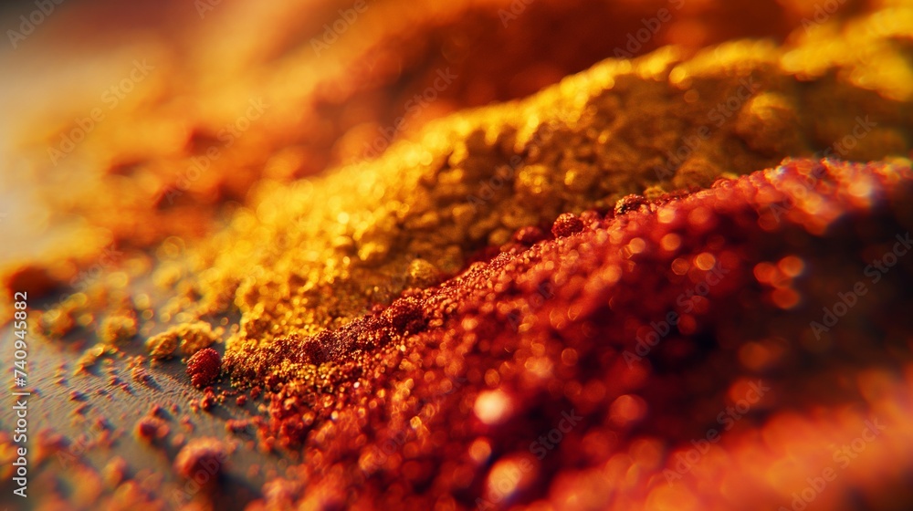 Poster a harmonious blend of different colored paprika powders gently merging on a ceramic surface, creatin