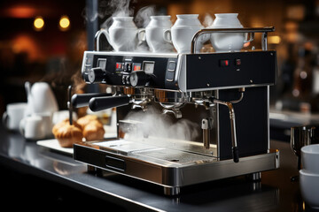 Coffee maker with steam in the cafe