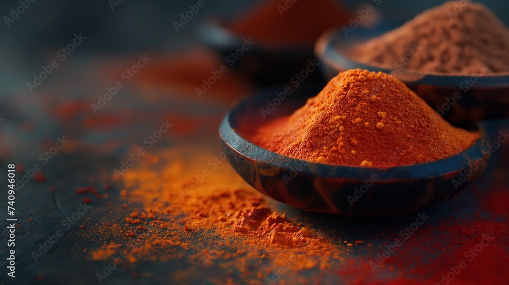 Poster a harmonious blend of different colored paprika powders gently merging on a ceramic surface, creatin