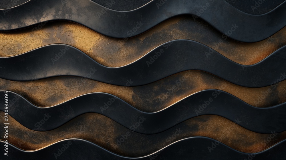 Poster a high-definition picture with matte black background and abstract metallic gold swirls that give th
