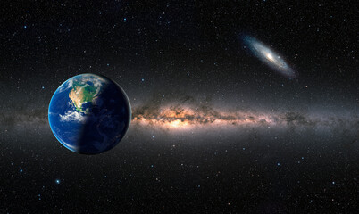 Day and night on Planet Earth Milky way and Andromeda galaxy in the background. Elements of this...