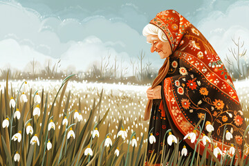 Grandmother Marta on spring field with snowdrops. Baba Marta Day, Martenitsa. Moldovan Romanian and Bulgarian spring meeting holiday concept  - obrazy, fototapety, plakaty