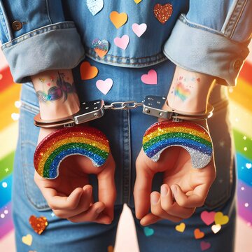 Arrest of LGBT supporters. Infringement of the rights and freedoms of gays, lesbians and transsexuals. This creative photo features arms adorned with colorful tattoos and sparkling rainbow handcuffs s