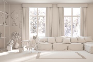 White living room with sofa and winter landscape in window. Scandinavian interior design. 3D illustration