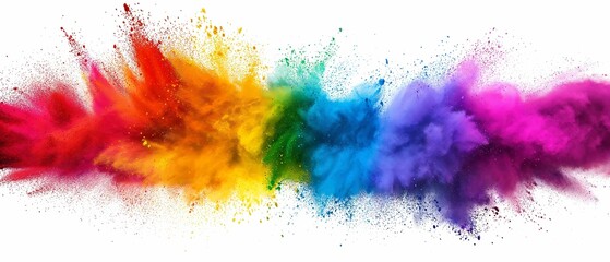 A vivid burst of rainbow holi powder, captured in a panoramic explosion, isolated on a white background