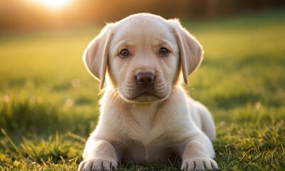 Cute labrador dog puppy with white fur lies in the grass - 740946491