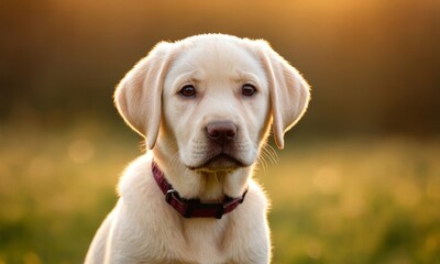 Cute labrador dog puppy with white fur lies in the grass - 740946603