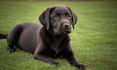 Cute Labrador dog puppy with black fur lies in the grass - 740946604
