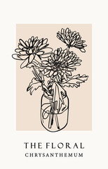 Outline Chrysanthemum bouquet in a glass vase or jar. Hand drawn Vector illustration. Elegant one continuous line style. Isolated floral design element. Poster, print, card, decoration template - 740946615