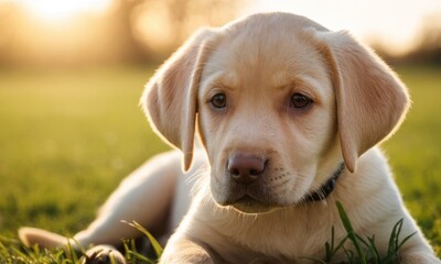 Cute labrador dog puppy with white fur lies in the grass - 740946616