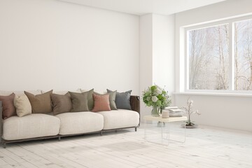 White living room with sofa and winter landscape in window. Scandinavian interior design. 3D illustration