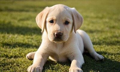 Cute labrador dog puppy with white fur lies in the grass - 740946618