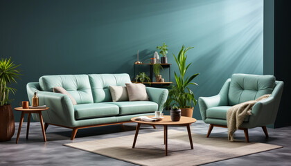 A living room and a green sofa with plants on a green wall surface.