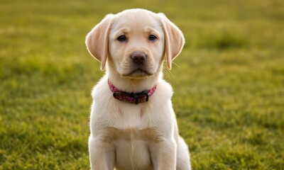 Cute labrador dog puppy with white fur lies in the grass - 740946654
