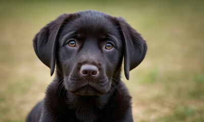 Cute Labrador dog puppy with black fur lies in the grass