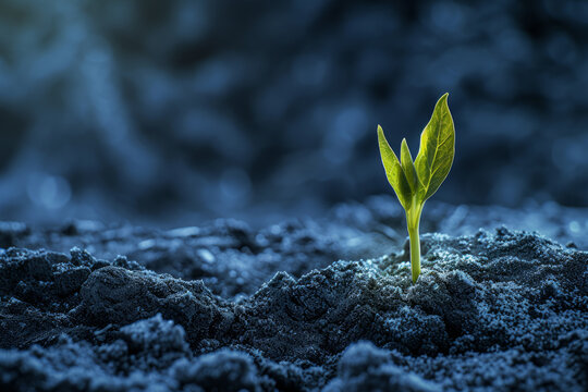 Emerging from the frozen ground, a young green sprout marks the end of winter and the onset of the spring season.