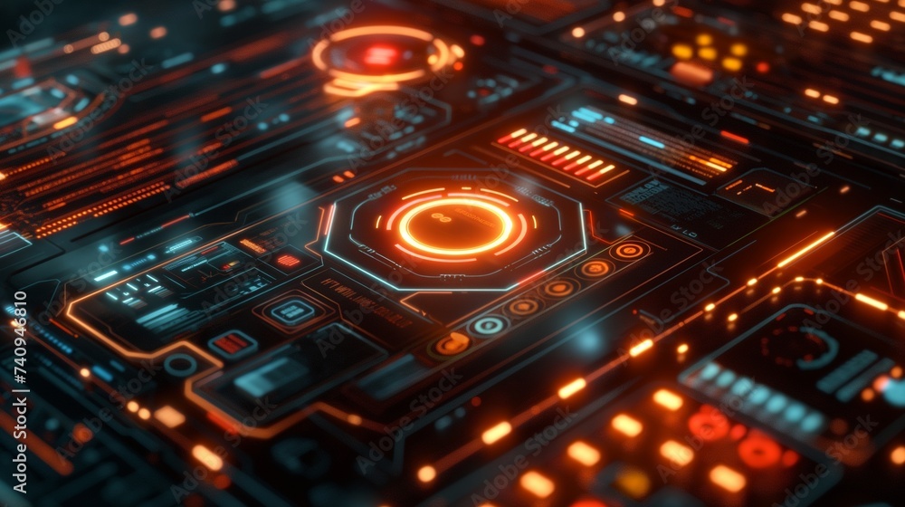 Poster a holographic 3d interface with futuristic ui elements, suggesting advanced technology systems, with