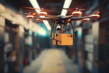Smart package Drone Delivery freight center. Box shipping drone delivery path parcel secure delivery transportation. Logistic tech urbanization opportunities mobility tech demonstrations