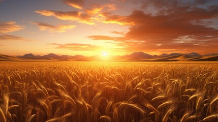 The sun sets over a vast field of golden wheat, with shadows playing on the textured landscape and...