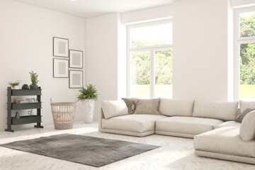 Contemporary classic white interior with furniture and decor and summer landscape in window. Scandinavian interior design. 3D illustration
