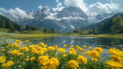 Fototapeta na wymiar Idyllic mountain scenery in the Alps with lush blooming meadows in springtime