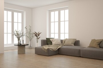 White scandinavian interior design with sofa. 3D illustration