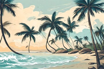 : A tranquil beach scene with palm trees swaying in the breeze and waves gently lapping the shore - obrazy, fototapety, plakaty